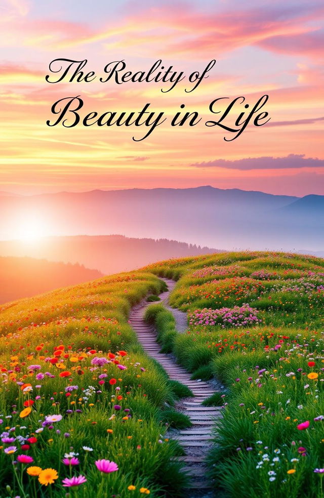 A captivating book cover depicting the beauty of life, featuring a serene landscape at sunrise with vibrant colors of orange, pink, and blue in the sky