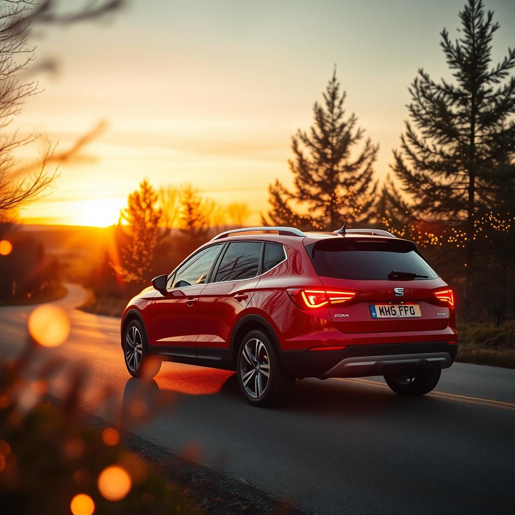 A SEAT Arona SUV car parked on a picturesque road, surrounded by warm colors as the sun sets