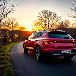 A SEAT Arona SUV car parked on a picturesque road, surrounded by warm colors as the sun sets
