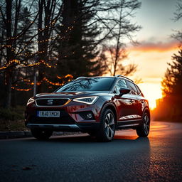 A SEAT Arona SUV car parked on a picturesque road, surrounded by warm colors as the sun sets
