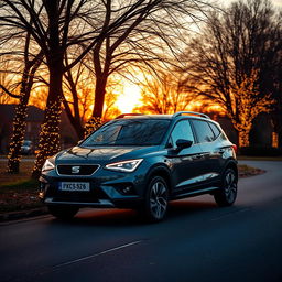 A SEAT Arona SUV car parked on a picturesque road, surrounded by warm colors as the sun sets