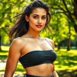 A captivating image of a woman with wet armpits, showcasing a confident pose in a stylish outfit