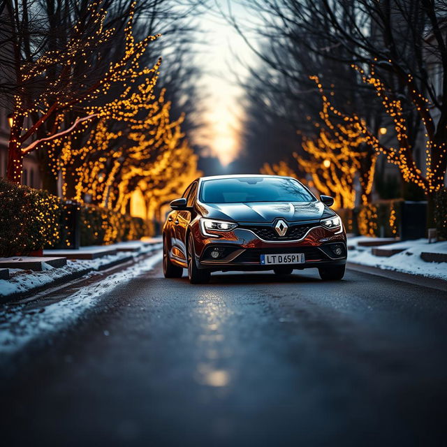 A Renault Megane car parked on a charming road, beautifully enhanced by the glow of Christmas lights timidly peeking out from surrounding trees