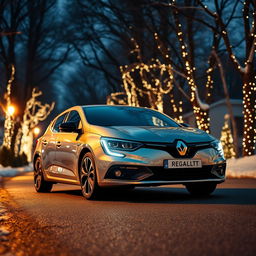 A Renault Megane car parked on a charming road, beautifully enhanced by the glow of Christmas lights timidly peeking out from surrounding trees