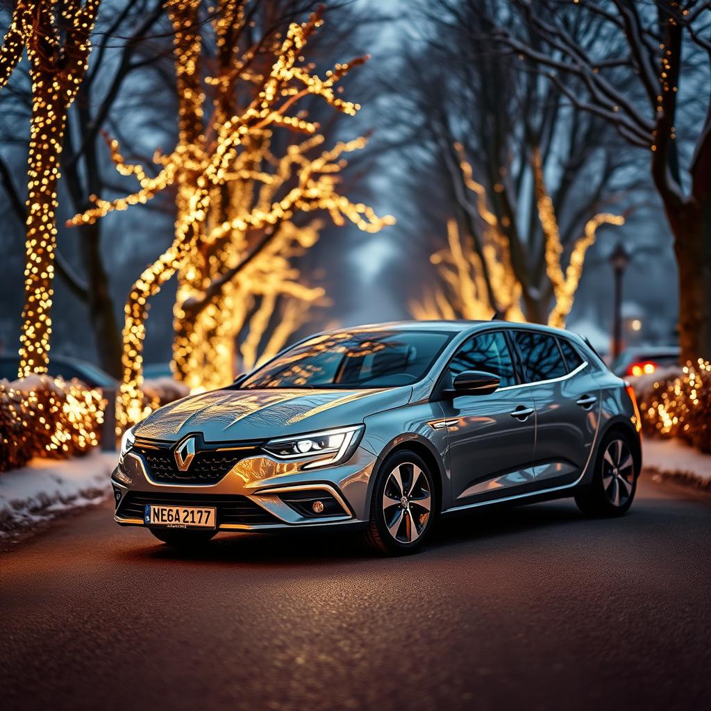 A Renault Megane car parked on a charming road, beautifully enhanced by the glow of Christmas lights timidly peeking out from surrounding trees