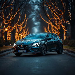 A Renault Megane car parked on a charming road, beautifully enhanced by the glow of Christmas lights timidly peeking out from surrounding trees
