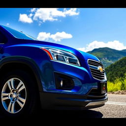 A detailed view of a 2016 Chevy Trax parked on a scenic road surrounded by lush green mountains