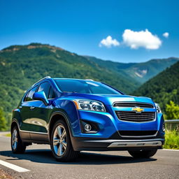 A detailed view of a 2016 Chevy Trax parked on a scenic road surrounded by lush green mountains