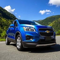 A detailed view of a 2016 Chevy Trax parked on a scenic road surrounded by lush green mountains