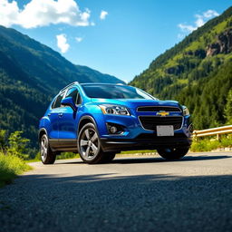 A detailed view of a 2016 Chevy Trax parked on a scenic road surrounded by lush green mountains