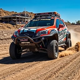 A modified 2012 Chevy Trax transformed into a rally car, featuring distinctive rally graphics, a bold color scheme with racing stripes, and robust off-road tires