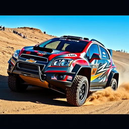 A modified 2012 Chevy Trax transformed into a rally car, featuring distinctive rally graphics, a bold color scheme with racing stripes, and robust off-road tires