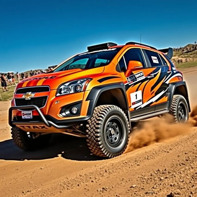 A modified 2012 Chevy Trax transformed into a rally car, featuring distinctive rally graphics, a bold color scheme with racing stripes, and robust off-road tires