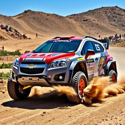 A modified 2012 Chevy Trax transformed into a rally car, featuring distinctive rally graphics, a bold color scheme with racing stripes, and robust off-road tires