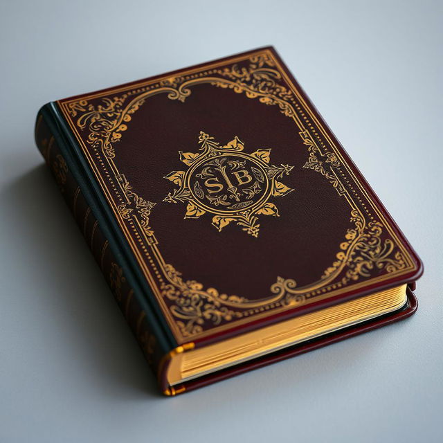 A book cover that mimics the luxurious appearance of a classic leather-bound book, featuring intricate ornate details and gilded edges that reflect light beautifully