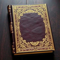 A book cover that mimics the luxurious appearance of a classic leather-bound book, featuring intricate ornate details and gilded edges that reflect light beautifully