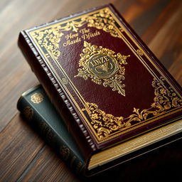 A book cover that mimics the luxurious appearance of a classic leather-bound book, featuring intricate ornate details and gilded edges that reflect light beautifully