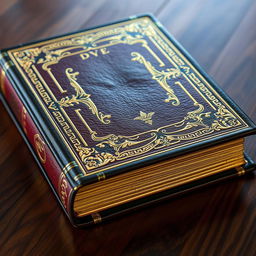 A book cover that mimics the luxurious appearance of a classic leather-bound book, featuring intricate ornate details and gilded edges that reflect light beautifully