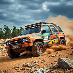 A 2000 Chevy Tracker transformed into a vibrant rally car, showcasing a rugged, dirt-splattered exterior with bold sponsor logos, flashy decals, and a unique paint job featuring bright colors and dynamic patterns