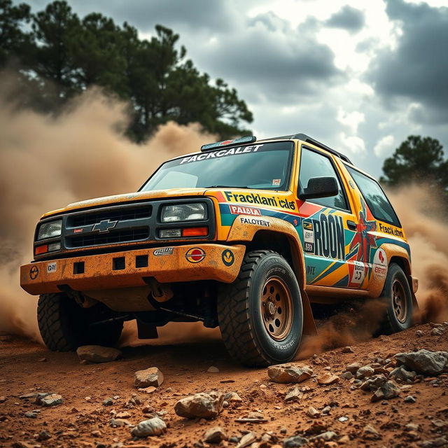 A 2000 Chevy Tracker transformed into a vibrant rally car, showcasing a rugged, dirt-splattered exterior with bold sponsor logos, flashy decals, and a unique paint job featuring bright colors and dynamic patterns