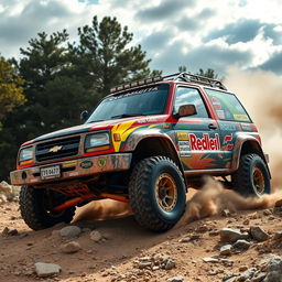 A 2000 Chevy Tracker transformed into a vibrant rally car, showcasing a rugged, dirt-splattered exterior with bold sponsor logos, flashy decals, and a unique paint job featuring bright colors and dynamic patterns