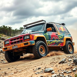 A 2000 Chevy Tracker transformed into a vibrant rally car, showcasing a rugged, dirt-splattered exterior with bold sponsor logos, flashy decals, and a unique paint job featuring bright colors and dynamic patterns