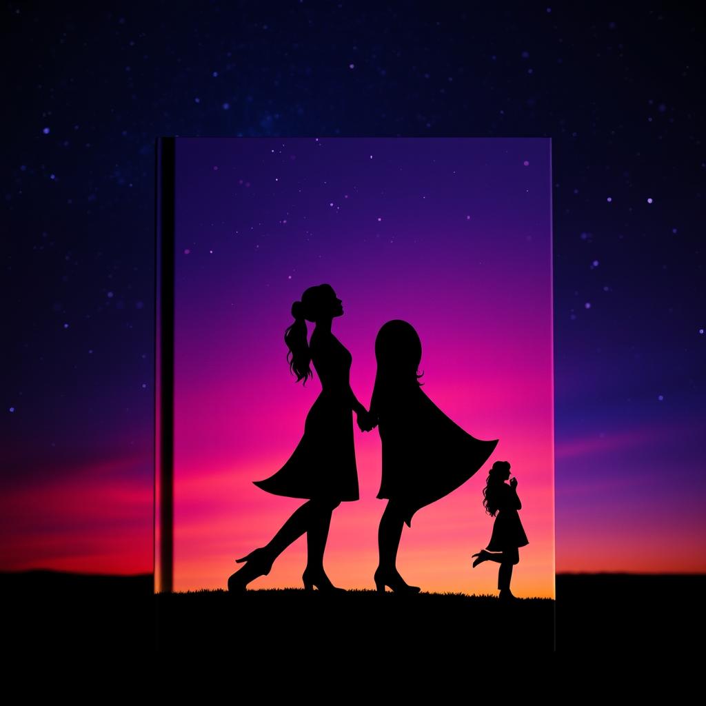 A minimalist book cover featuring elegant silhouettes of couples in various romantic poses, set against a mesmerizing backdrop of a starry night sky or a vibrant sunset