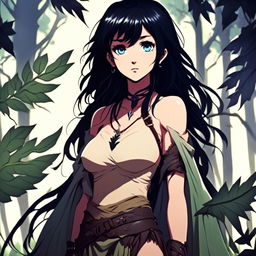 Anime art of a grunge-styled girl with raven-black hair and icy-blue eyes, dressed in leaves over her chest and a loincloth, standing amidst a verdant wilderness, radiating defiance and resilience.