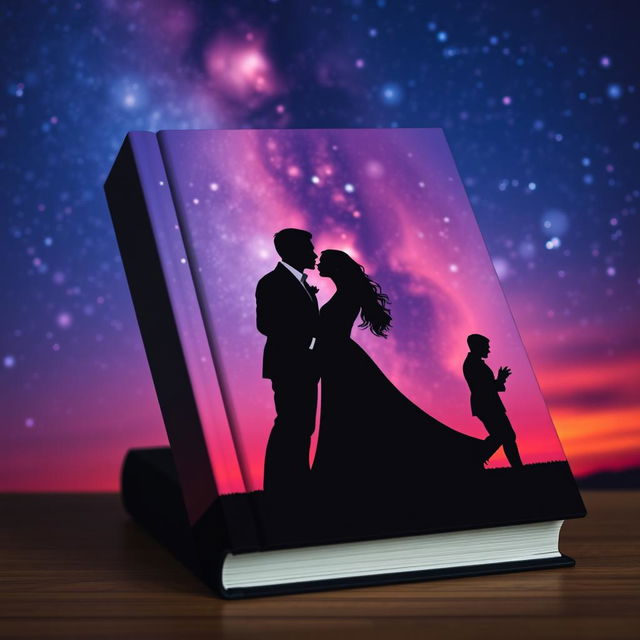 A minimalist book cover featuring elegant silhouettes of couples in various romantic poses, set against a mesmerizing backdrop of a starry night sky or a vibrant sunset