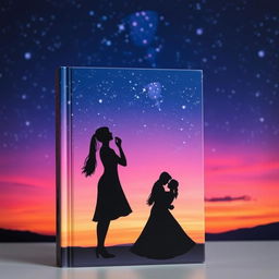 A minimalist book cover featuring elegant silhouettes of couples in various romantic poses, set against a mesmerizing backdrop of a starry night sky or a vibrant sunset