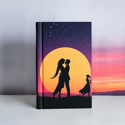 A minimalist book cover featuring elegant silhouettes of couples in various romantic poses, set against a mesmerizing backdrop of a starry night sky or a vibrant sunset
