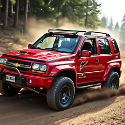 A stunning red 2005 Chevy Tracker transformed into a rally car, showcasing its aggressive modifications