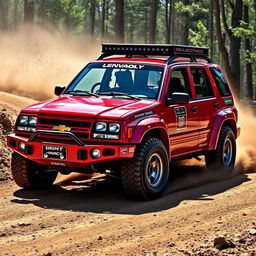 A stunning red 2005 Chevy Tracker transformed into a rally car, showcasing its aggressive modifications