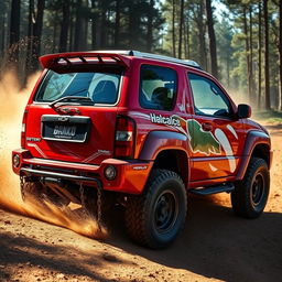 A stunning red 2005 Chevy Tracker transformed into a rally car, showcasing its aggressive modifications