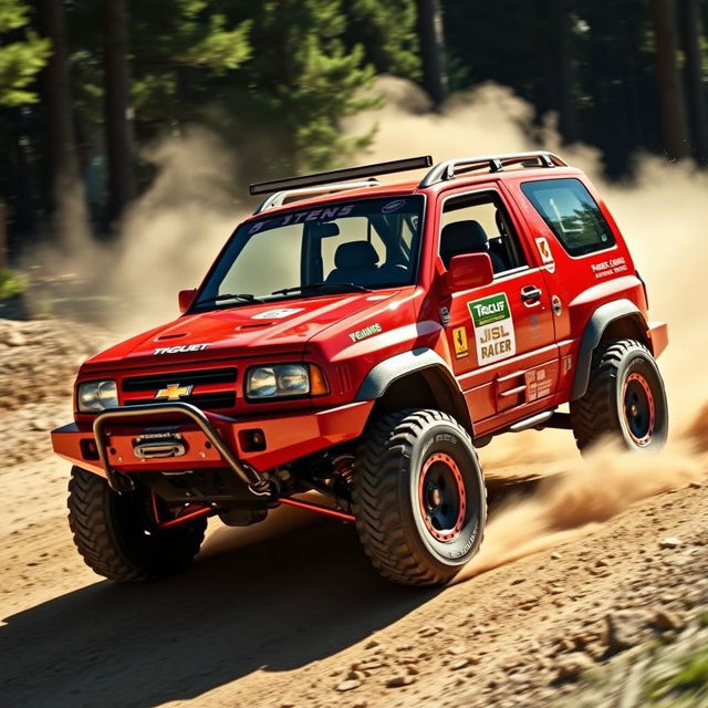 A stunning red 2005 Chevy Tracker transformed into a rally car, showcasing its aggressive modifications