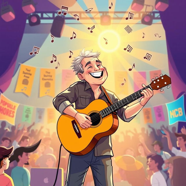 A vibrant illustration of a musician playing an acoustic guitar on a sunlit stage, surrounded by musical notes and chord diagrams floating in the air