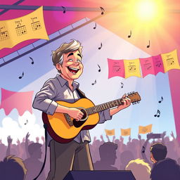 A vibrant illustration of a musician playing an acoustic guitar on a sunlit stage, surrounded by musical notes and chord diagrams floating in the air