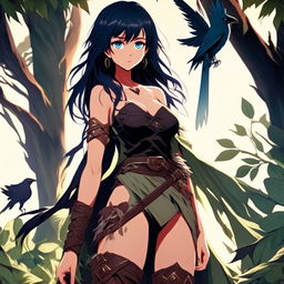 Anime art of a grunge-styled girl with raven-black hair and icy-blue eyes, dressed in leaves over her chest and a loincloth, standing amidst a verdant wilderness, radiating defiance and resilience.