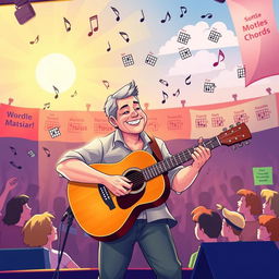 A vibrant illustration of a musician playing an acoustic guitar on a sunlit stage, surrounded by musical notes and chord diagrams floating in the air