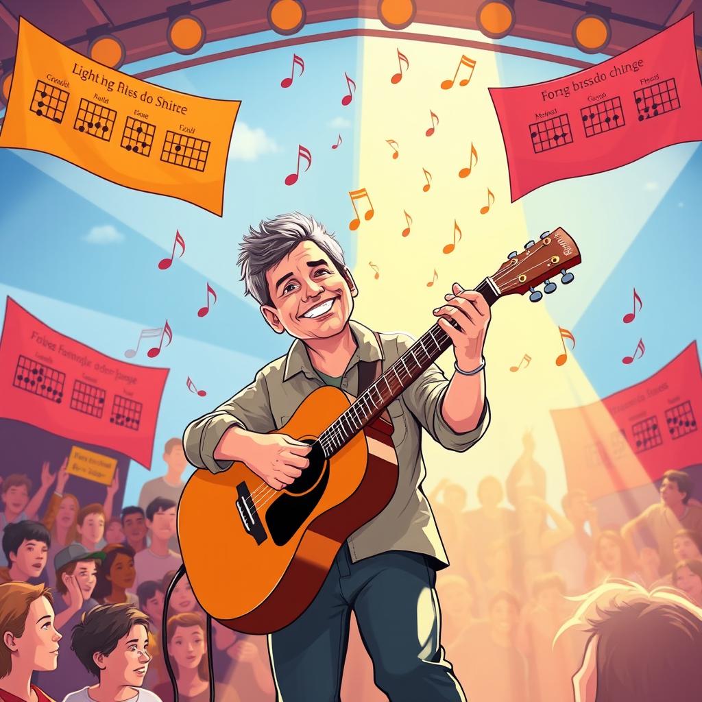 A vibrant illustration of a musician playing an acoustic guitar on a sunlit stage, surrounded by musical notes and chord diagrams floating in the air