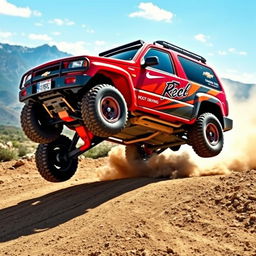 A modified red 2005 Chevy Tracker transformed into a rally car, showcasing an aggressive racing stance with a sporty body kit, oversized tires, and a custom paint job featuring racing stripes