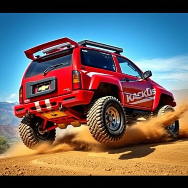 A modified red 2005 Chevy Tracker transformed into a rally car, showcasing an aggressive racing stance with a sporty body kit, oversized tires, and a custom paint job featuring racing stripes