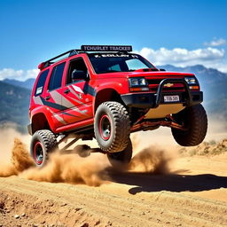 A modified red 2005 Chevy Tracker transformed into a rally car, showcasing an aggressive racing stance with a sporty body kit, oversized tires, and a custom paint job featuring racing stripes