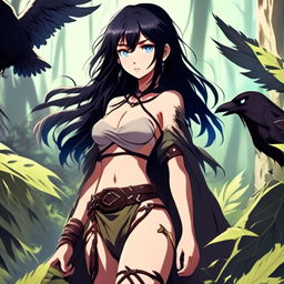 Anime art of a grunge-styled girl with raven-black hair and icy-blue eyes, dressed in leaves over her chest and a loincloth, standing amidst a verdant wilderness, radiating defiance and resilience.