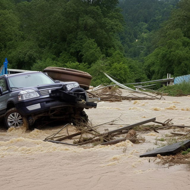 An SUV tossed about amidst the wreckage of a one-lane, road-level bridge that has been destroyed by a powerful flood.