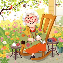 A whimsical and playful illustration of an elderly woman, affectionately known as "Grenma," sitting on a cozy rocking chair on a sunny porch