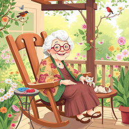 A whimsical and playful illustration of an elderly woman, affectionately known as "Grenma," sitting on a cozy rocking chair on a sunny porch