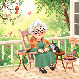 A whimsical and playful illustration of an elderly woman, affectionately known as "Grenma," sitting on a cozy rocking chair on a sunny porch
