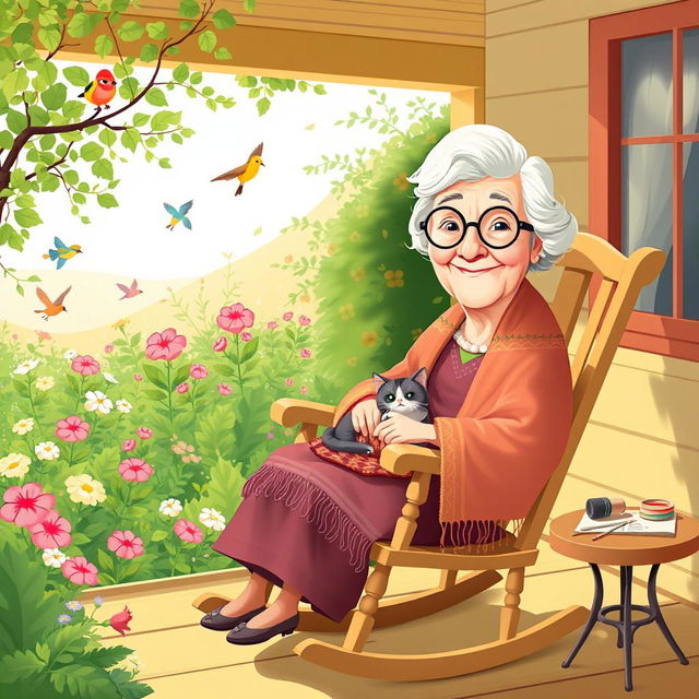 A whimsical and playful illustration of an elderly woman, affectionately known as "Grenma," sitting on a cozy rocking chair on a sunny porch