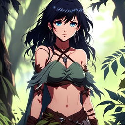 Anime art of a grunge-styled girl with raven-black hair and icy-blue eyes, dressed in leaves over her chest and a loincloth, standing amidst a verdant wilderness, radiating defiance and resilience.